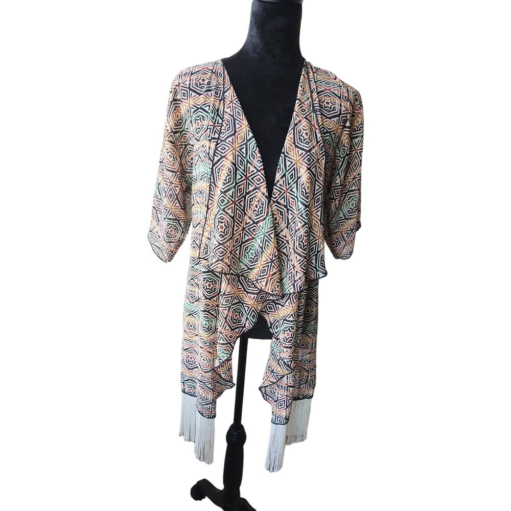 Lularoe Women Geometrical Ivory fringe Kimono cover up cardigan S